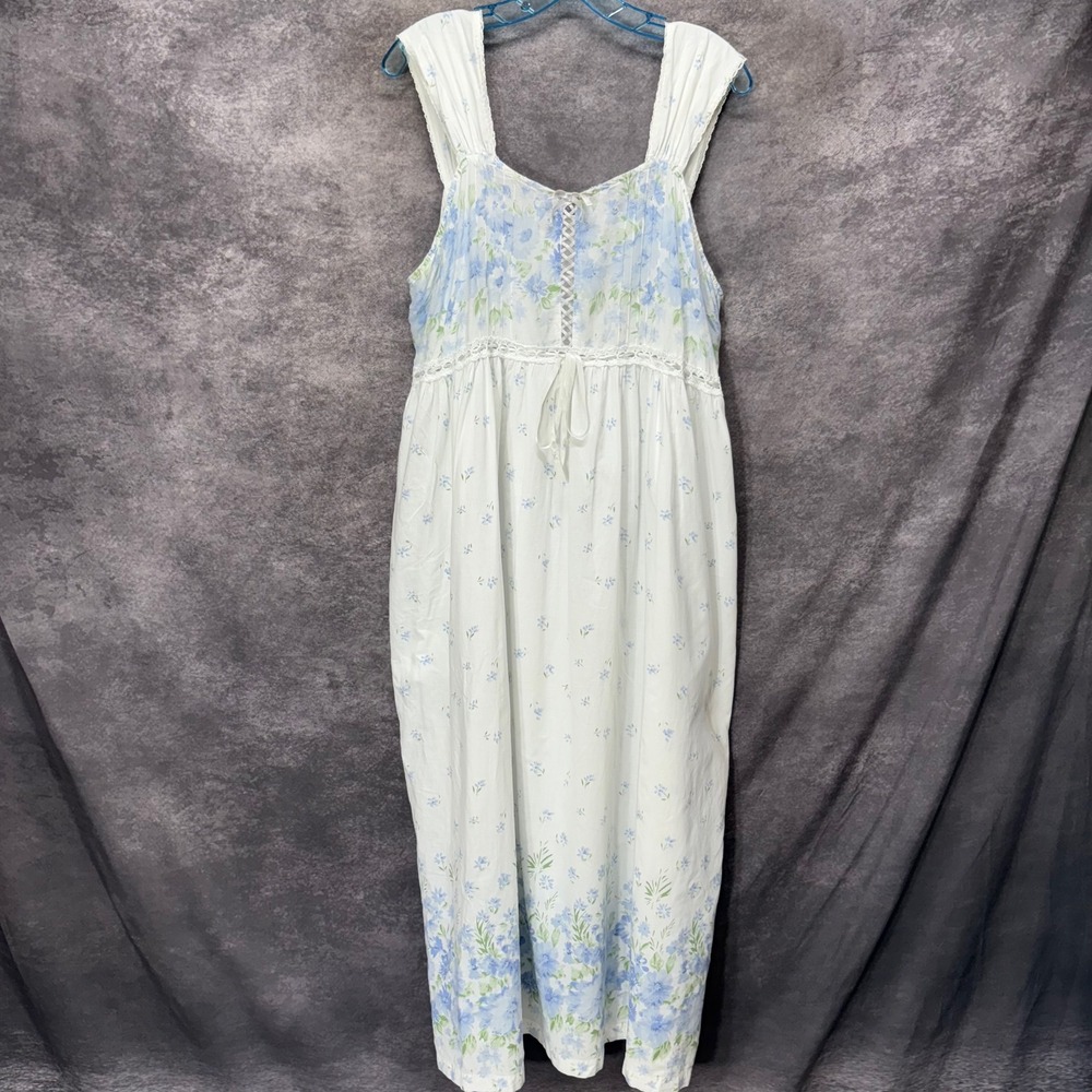Vintage La Cera White Blue Floral Cotton Maxi Dress Nightgown Size L Cottagecore
